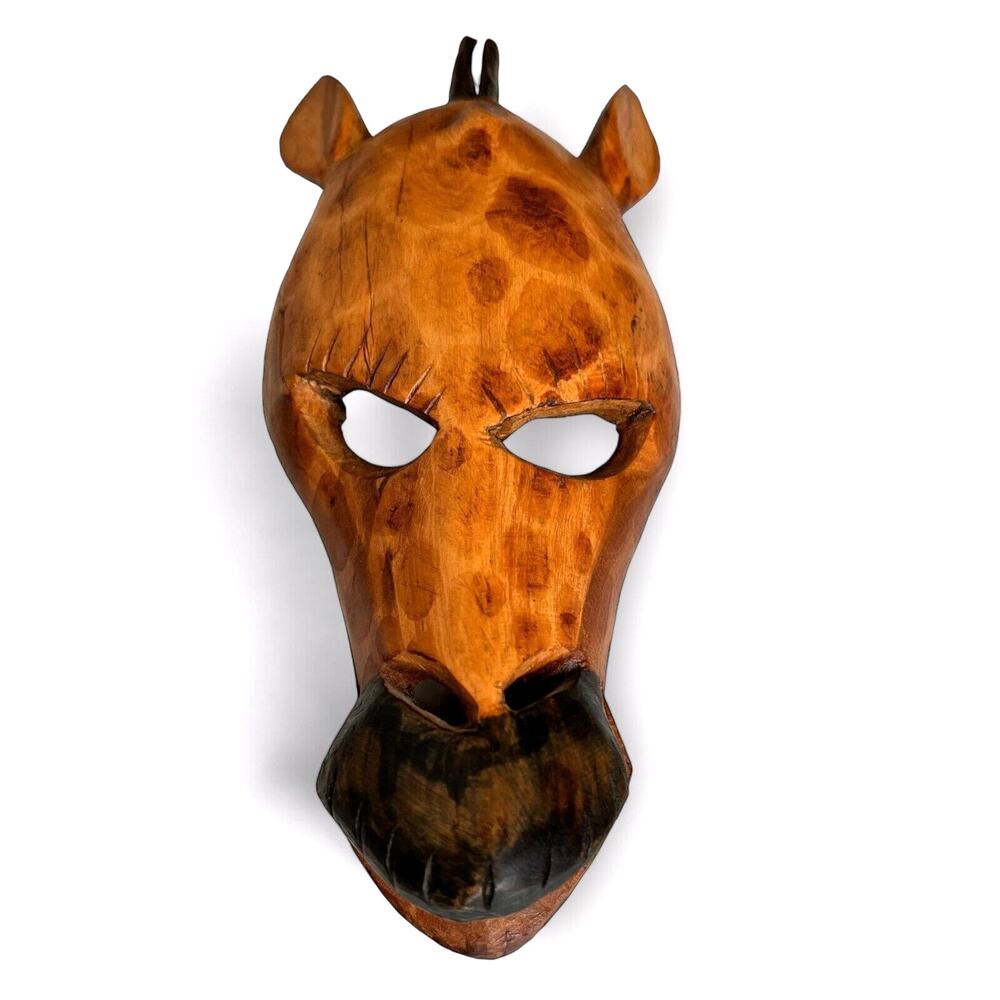 Vintage Hand Carved Wood Giraffe Mask African Folk Art Wall Hanging Decor 9.5"